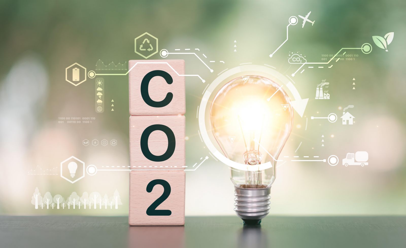 Das Bild zeigt drei Würfel mit der Aufschrift CO2 und eine Glühbirne.